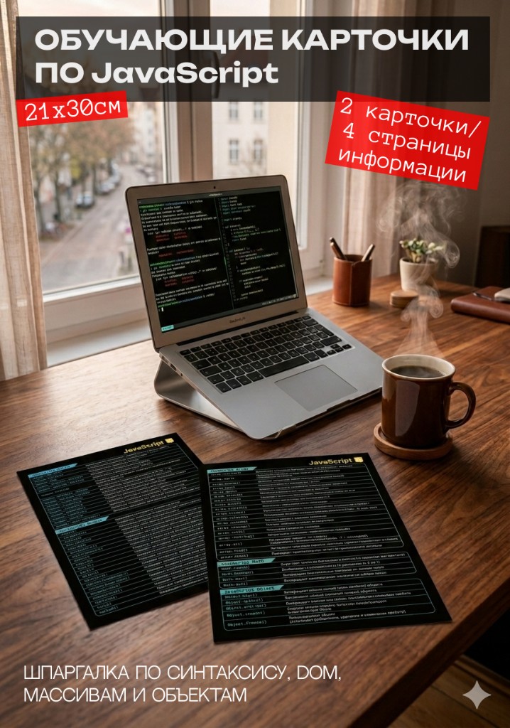 Изображение товара: Обучающие карточки по JavaScript A4 — синтаксис, DOM, массивы, объекты