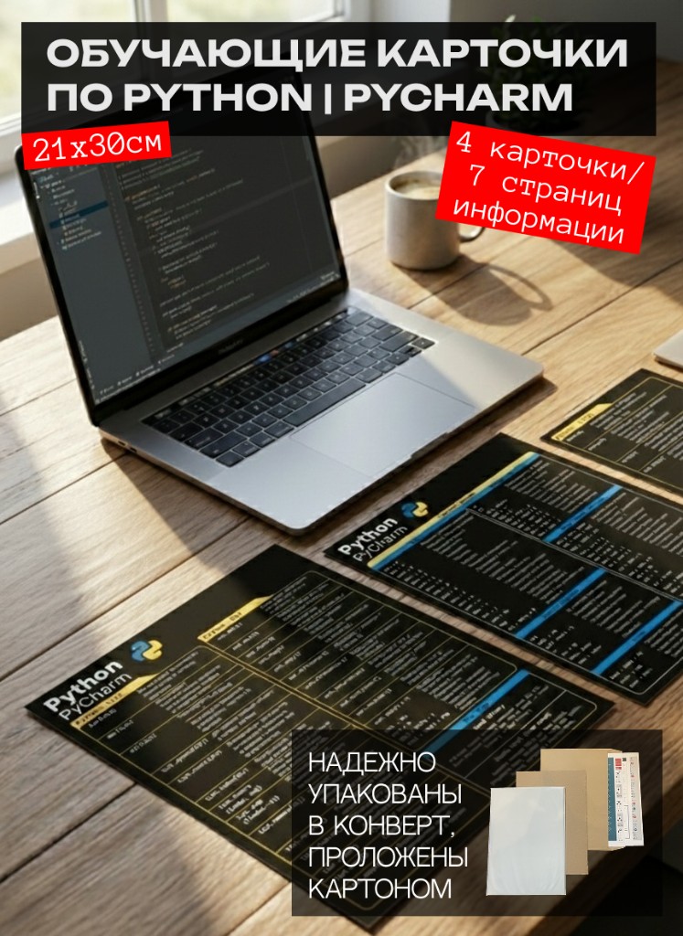 Изображение товара: Обучающие карточки по Python A4 — синтаксис, функции, структуры данных, горячие клавиши IDE