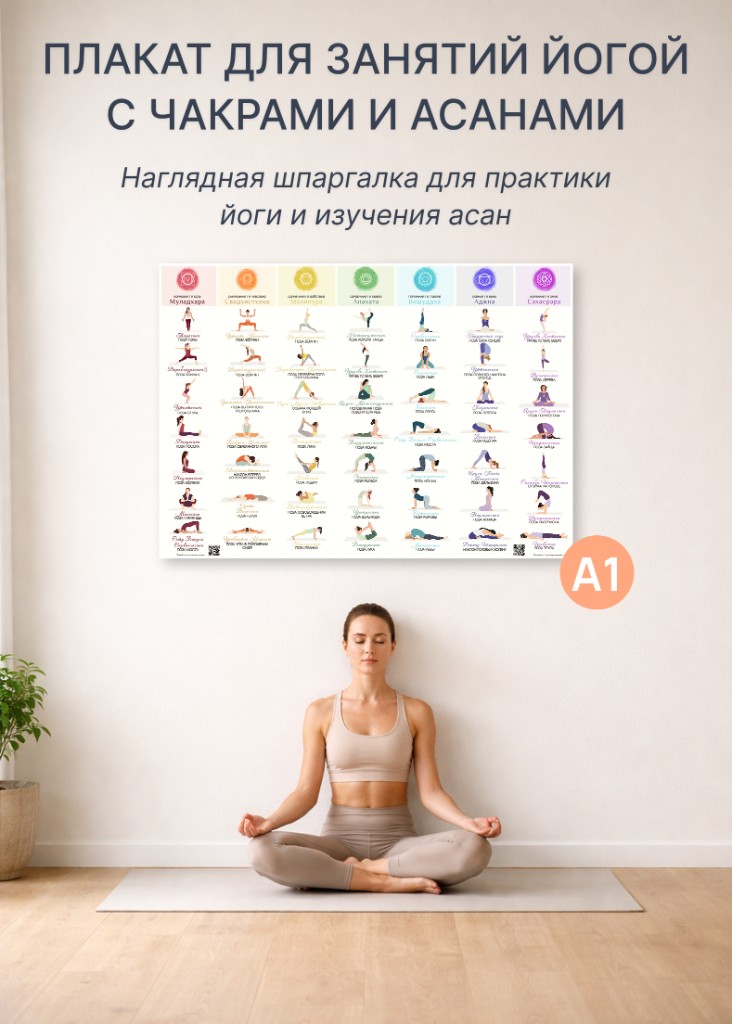 Изображение товара: Обучающий плакат по йоге A1 — асаны, чакры, позы йоги для начинающих