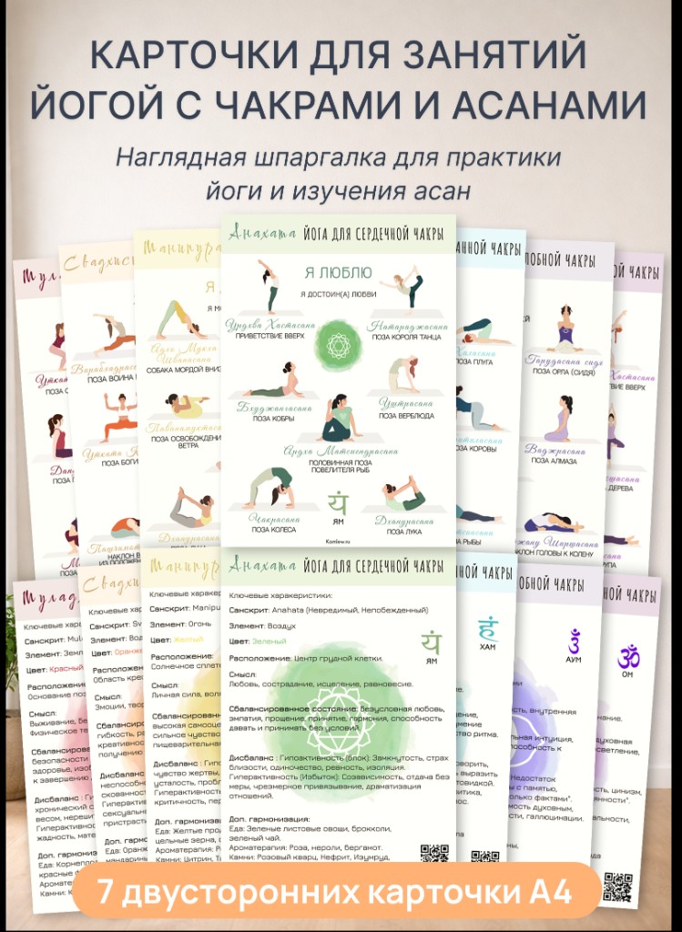 Изображение товара: Обучающие карточки по йоге A4 — асаны, 7 чакр, йога для начинающих